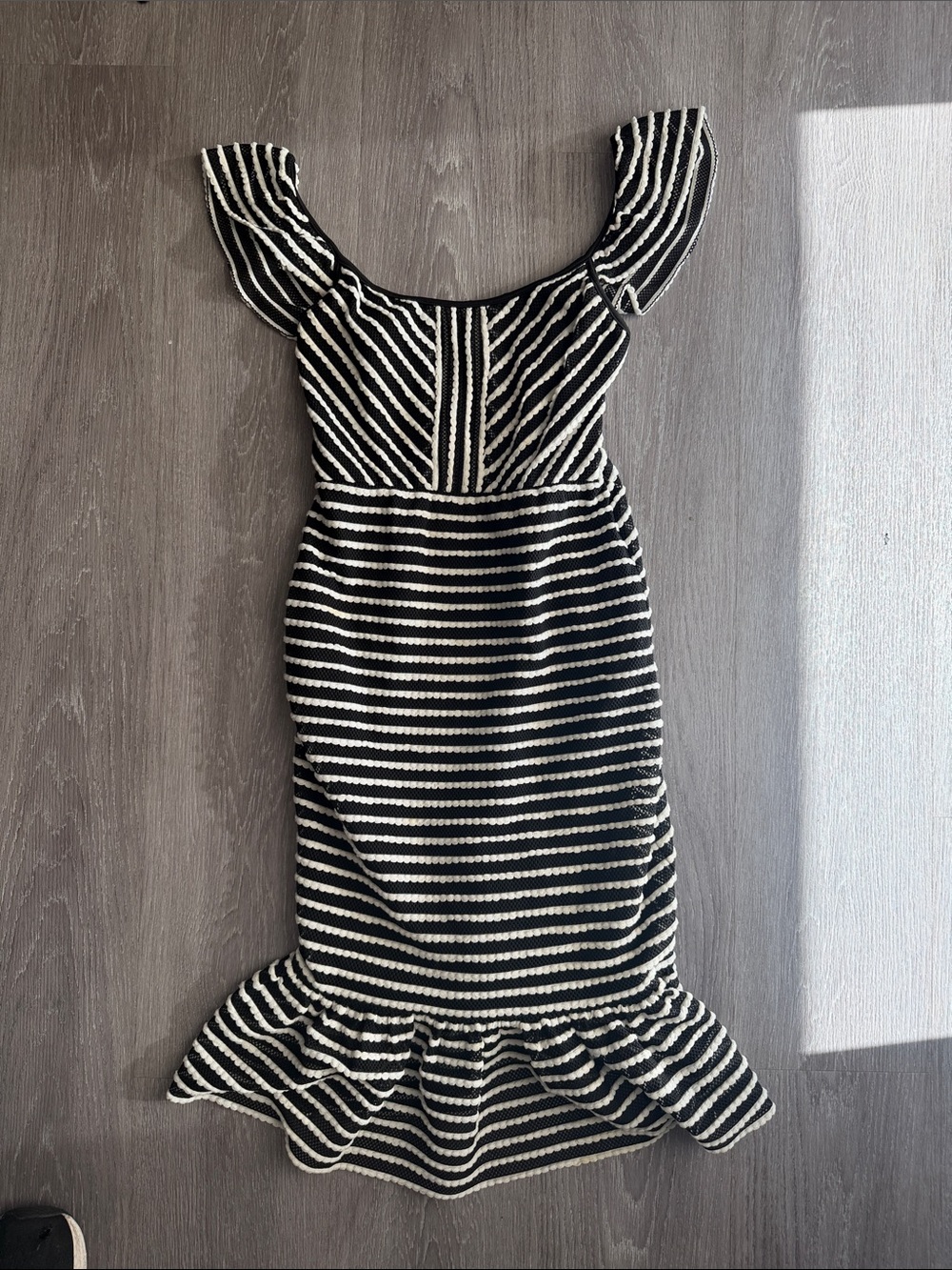 BCBG Black and White Striped Ruffle-Hem Midi Dress